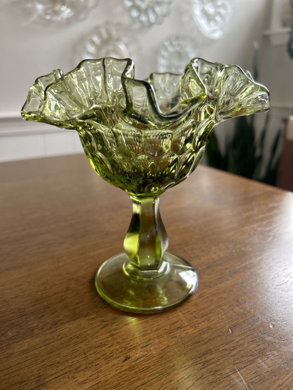 Vintage Fenton Colonial Green Glass Ruffled Edge Pedestal Complete Dish - 0896